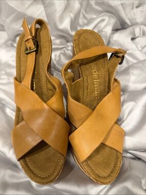 libby. edelman Camel Crisscross Leather Wedge Sandals